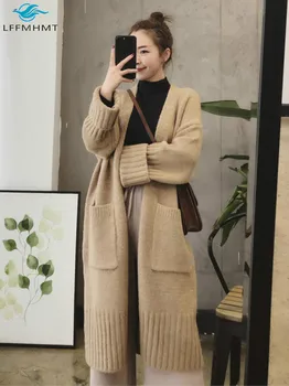 Sieviešu Rudens Modes korejiešu Style Long Adīšanas Jaciņa Mēteļi Biroja Dāma tīrtoņa Krāsu garām Piedurknēm Biezs, Silts Džemperis Trikotāžas