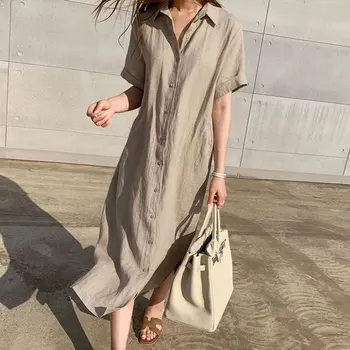 Korejas vienkārši viena-krūšu mežģīnes-up atloks, gara kleita vasaras kokvilnas zaudēt īsām piedurknēm Vintage Ikdienas Veļa Midi Kleitas Femme