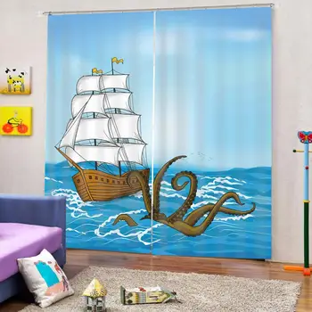 Personalizētu Karikatūra Zilo Buru Liels Astoņkājis uz Jūru Logu Aizkaru Dzīvojamā istaba guļamistaba balckout Mājas Iekštelpu Pārklāji