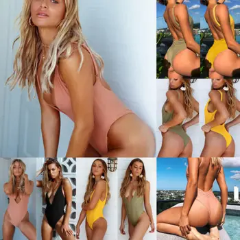 Vasaras Sexy Peldkostīms 2019 JAUNAS Sievietes Cieta Sexy bez Piedurknēm, Dziļu V-veida Kakla Backless Bikini Push Up Peldkostīms
