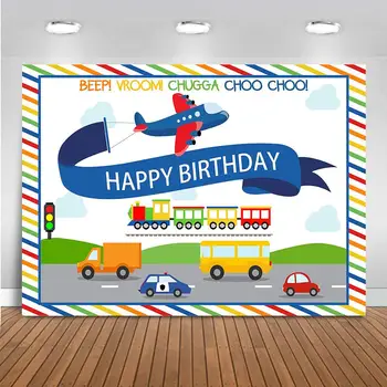 Zēni, Dzimšanas Dienas Fons Disku Ar Dzimšanas Dienas Parāde, Dzimšanas Dienas Svinības Dekoru Automašīnas, Lidmašīnas Happy Birthday Fona