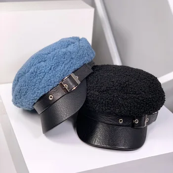 Berete, cepure, sievietes, ziemā silts jēra matu astoņstūra klp salds PU ādas navy cepuri auksti pierādījumu bieza beanie klp