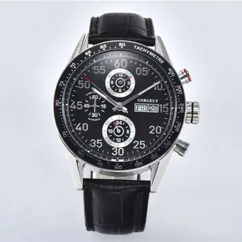 Corgeut44mm black dial datums luksusa nerūsējoša tērauda ūdensizturīgs Daudzfunkciju automātiskā kustības mehānisks rokas pulkstenis vīriešiem āda