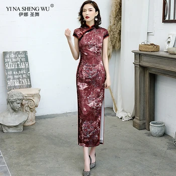Ķīniešu Tradicionālā Kleita Cheongsam Qipao Sievietes, Meitenes Pusi Kāzu Modes Vintage Ziedu Drukāt Satīna Garās Kleitas 9 Krāsas