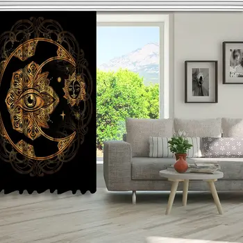 Aizkaru Mandala Sejas, Acu Zelta Pusmēness Mēness un Saules Lineāro Garīgo Dizains Ziedu Mākslas Melns Dzeltens