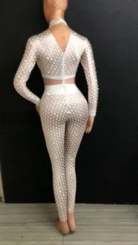 Modes Režģis, Melna Balta sexy Stiept Jumpsuit Sieviešu skatuves Deju Bodysuit Darbības Stulpiņi