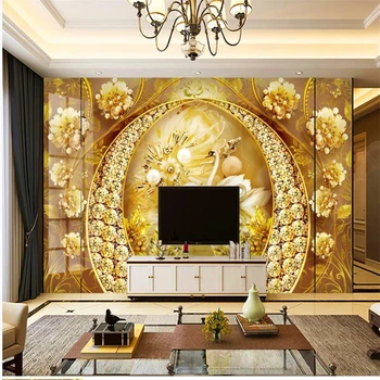 Zelta tapetes gulbju ezers rotaslietas, ziedu augstas klases fona sienas mūsdienu tapetes dzīvojamā istabā