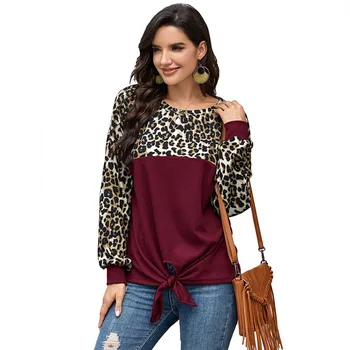 SEBOWEL 2020 Sievietēm Jaunā Modes Raibs garām Piedurknēm T-krekli Top Sieviete Pavasara Rudens Leopards Drukāt Mezgloti T-krekls S-XL