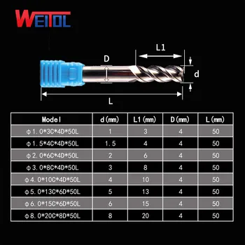 Weitol 6mm 3 Flauta Spirālveida Griezējs Maršrutētāju Biti Alumīnija CNC Karbīda Beigām Dzirnavas Metāla frēze