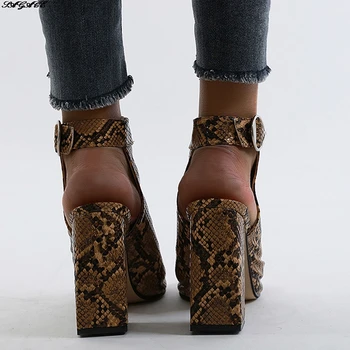 SAGACE Sieviešu sandales čūska-print biezs papēdis augstpapēžu plus lieluma open toe atpakaļ sieviešu sandales biezs papēdis tukšs sieviešu kurpes