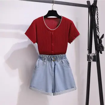 ICHOIX jean šorti 2 gabals, kas sievietēm korejiešu stilā Adīts crop topi iestatīt ikdienas 2 gabals tērpiem cute girl vasaras 2pcs set drēbes
