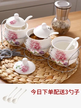 Keramikas Garšvielu Kastes, Virtuves Konteineru Tradicionālā Ķīniešu Garšvielu Trauciņu Uzglabāšanai Var Ar Karoti un Plauktu