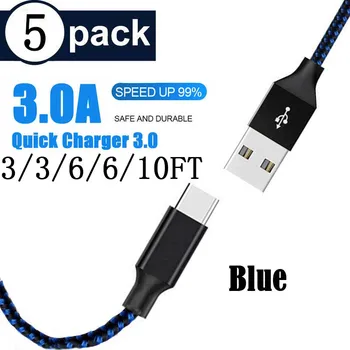 5Pack (3/3/6/6/10FT) C Tipa USB Kabeli 3A Ātrās Uzlādes Veidu-K Kabeļa Ātra Uzlāde USB C strāvas Vads, lai Huawei P30 P20 Datu Kabeli