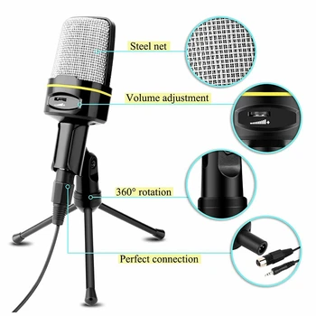 Kondensatoru Mikrofons, 3.5 mm Plug Mājas Stereo MIKROFONS Desktop Statīvu PC Video, Skype, Dziedāt Čatā Spēļu Podkāstu Ierakstīšanas