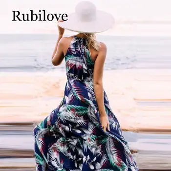 Rubilove Modes Sievietes, V-Veida Kakla Sexy Piedurknēm Boho Beach Maxi Kleita Vasaras Dāmas Gadījuma Vintage Ziedu Drukā Ilgi, Puse Kleita