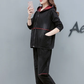 Pavasarī jauno lielo pagalmu kapuci jaka hoodies bikses divdaļīgs kostīms vaļēju augšu bikses, melns apģērbs, apģērbu komplekts atpūtas Korejas stils