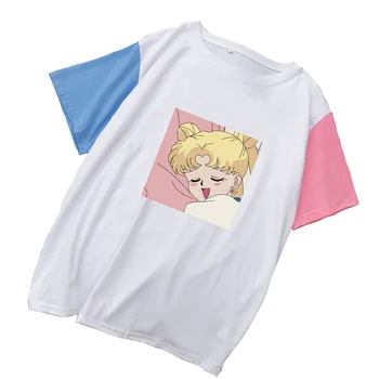 Sailor Moon T Krekls Sievietēm Vasarā Īsām Piedurknēm Gadījuma Harajuku Zaudēt Kontrasta Krāsu Līmēšana Kawaii Karikatūra Izdrukāt Tee Kreklu Femme