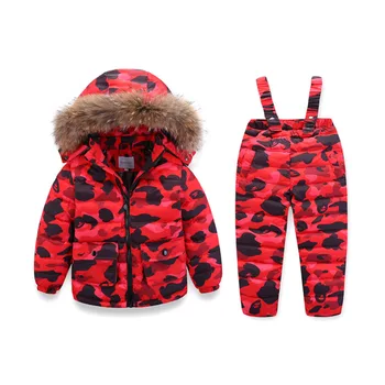 Bērnu ziemas drēbes zēniem un meitenēm, slēpošanas valkāt sabiezējumu dūnu jaka 2 tērpi 5-8 gadi