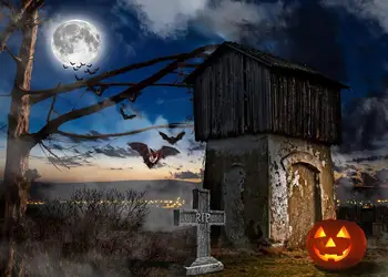 Halloween fons, photocall mēness sikspārņi ķirbju laternu nakts vintage ēkas pāri ārpus telpām fotogrāfijas fonu