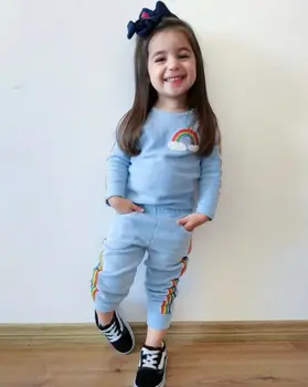 2GAB Baby Toddler Meitenes 1-6Y Rudens Apģērbu Komplekti Varavīksnes Drukas garām Piedurknēm Top T-krekls, Garās Bikses Apģērbs