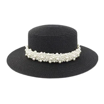 Salmu cepures sievietēm, vasarā, pavasarī flat top liels malām saules cepures tīrtoņa krāsu pērļu josla luksusa elegants ikdienas vasarā pludmale sieviešu cepures
