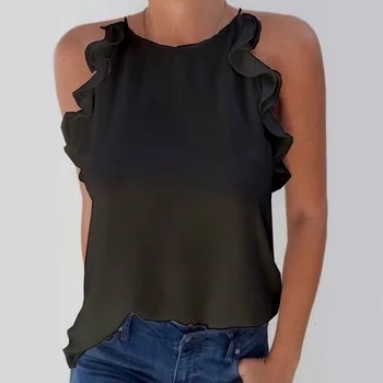 Sieviešu Dāmas Puse Vasaras Šifona Topi Cieta Tvertne Modes Bez Piedurknēm Pavada Blūzes T Krekls Ar Apaļu Kakla Gadījuma