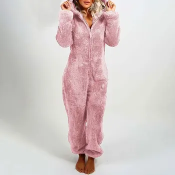 Sabiezēt kapuci sievietēm silts onesies samta priekšā, rāvējslēdzēju ar garām piedurknēm dāmas pidžamu ziemas kombinezonus cietā silts homewear VKSL1053