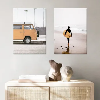Pludmales Ainavu Dekors Dzelteno Autobusu un Vējdēlis Kalifornijas Piekrastes Sienas Mākslas Gleznas Dzīvojamā Istaba Ziemeļvalstu Mājas Apdare