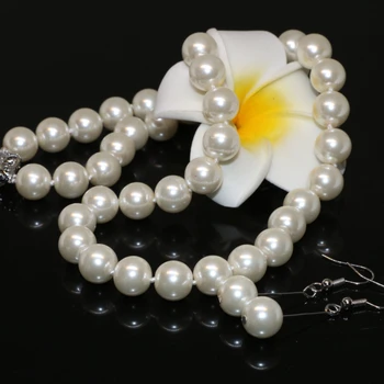 Vairumtirdzniecības cena Bohemia stila 10mm krējuma baltā kārta imitētu-pērļu čaulas beadsd, kaklarota, auskari rotu komplekts 18inch B2335