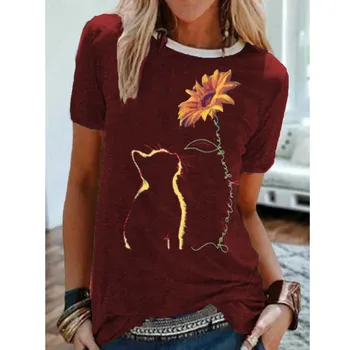 Vasaras Sieviešu Modes Saulespuķu kaķis Estētisko T-krekls ar Īsām Piedurknēm Mīksta Poliestera Melns T-krekli Izdrukas T футболки