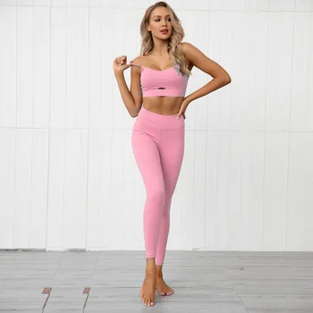Candy Krāsa Rozā Divas Gabals, kas Sievietēm Tracksuit Kultūraugu Top un Legingiem Saskaņošanas Kopums, Sporta Dāmas Fitnesa 2PCS Set Tērpiem