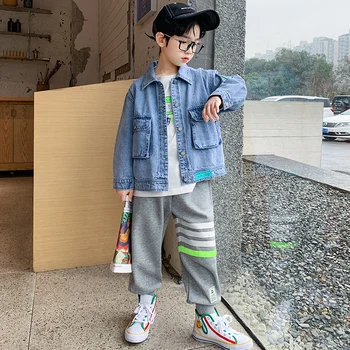 Bērnu apģērbu zēnu Džinsa jaka 4-15 gadus vecu personības dizaina mētelis, korejiešu Modes gadījuma bērnu vējjaka