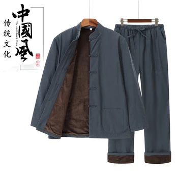 Vīrieši Ķīniešu Tradicionālā Retro Piegarša Uzvalks Kung Fu Cīņas Mākslas Tai Chi, Skatuves Tērpu Modes Gadījuma Kokvilnas Mētelis, Bikses Apģērba Komplekts