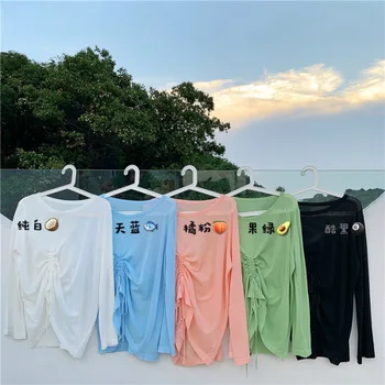 Zaraing stila korejiešu šiks vienkāršu, vienkrāsainu sauļošanās krekls aukliņu dizaina garām piedurknēm, sieviešu top sieviešu modes 2020