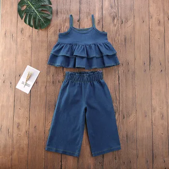 2020. gada Vasaras Baby Toddler Meitene Džinsa Apģērbu 1-6Y Gadījuma Savirmot Veste Top Mini Kleita+ Plaša Kāju Bikses Tērpiem 2pcs Set Bērniem