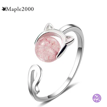 Dzīvnieku gredzens 925 Sterling Sudraba Gredzens dimanta gredzeni sievietēm šarmu Kaķis Zemeņu Crystal Cat Gredzens Regulējams Smalkas rotaslietas, dāvanas