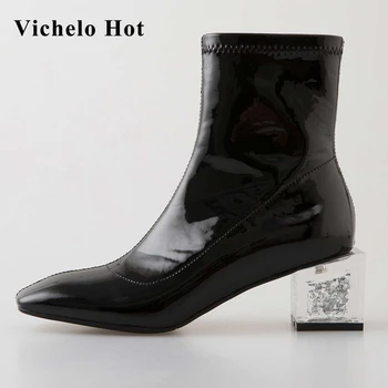 Vichelo Karstā Eiropas stila plus lieluma kvadrātveida kājām kristāla augsti papēži melns balts ziemas pamata kurpes sieviešu modes potītes zābaki L11