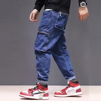 Korejas Modes Stila Vīriešu Džinsi Loose Fit Vairāku Lielu Kabatas Gadījuma Harēma Bikses Augstas Kvalitātes Streetwear Hip Hop Plaša Kāju Bikses