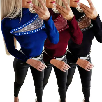 Sieviešu Augsta Kakla Topi Dāmas ar garām Piedurknēm Slim Fit T Krekls, Blūze Tee Izmērs S-XL