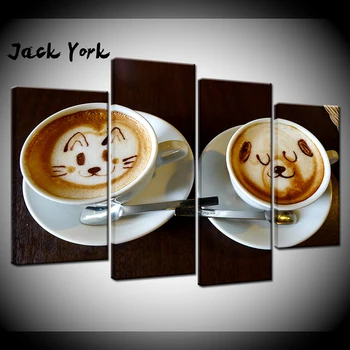 Kanvas Glezna kaķis un lācis Latte kafijas 4 Gabali Sienas Mākslas Glezniecības Modulārās Tapetes, Plakātu Drukāšana, lai dzīvojamā istaba Mājas Dekoru