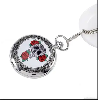 Karstā Pārdošanas Bezmaksas Piegāde Retro sudraba Galvaskausa Galvas & Rose Kabatas pulkstenis Ar FOB Ķēdes Labākā Dāvana
