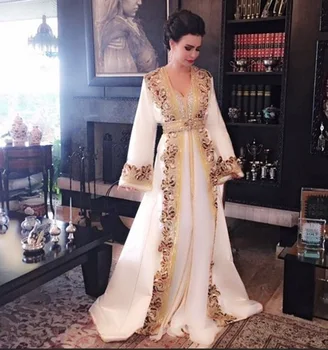 Jauns Balts Fāzēm Musulmaņu Garā vakarkleita Luksusa Dubaija Marokas Kaftan Kleita ar garām Piedurknēm Formālu kleita Vakara puse kleita
