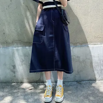 Ilgi Džinsa Svārki 2020. gadam japāņu vintage stila Augsto Vidukli Midi Svārki Sievietēm Blue Jean Svārki Stils Saia Džinsi (X1444