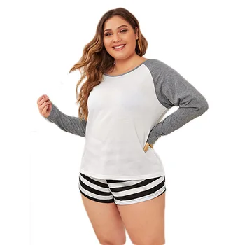 Sieviešu Homewear Plus Lieluma Pidžamas Divas Gabals Piemērots Kontrastējošas Krāsas garām piedurknēm Augšu un Svītrainas Bikses Komplekts XL-4XL Sleepwear
