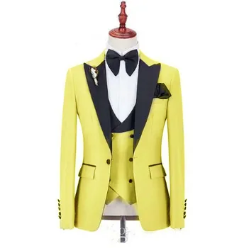 Ir 2021. Elegants 3 gabals Dzeltena Vīriešu Žakete Slim Fit Uzvalks divrindu Veste Sasniedza Atloks Labākais Cilvēks Uzvalki Līgavainis Kāzu