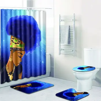 WUJIE 4GAB Āfrikā, Sievietes Modelis Radošo Dušas Aizkars + Pjedestāla Paklājs + Tualetes Vāks + Vannas Paklājiņu Komplekts ar neslīdošu Vannas Aizkaru Komplekts