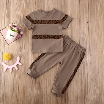 Bērnu Meiteņu Pavasara Vasaras Apģērbu Komplekti Leopards Drukāt Īsām Piedurknēm T Krekli, Topi+Bikses Vasaras Apģērbs