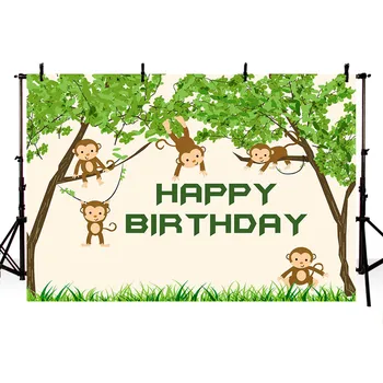 Mehofond Džungļi Mērkaķis Happy Birthday Fona Zaļa Koka Bērnu Duša Puse Portreta Fotogrāfijā Fona Foto Studija Banner
