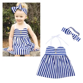 Zilu svītru baby girl dress, zīdaiņu jūras priekšgala kleita ar Galvas stīpa