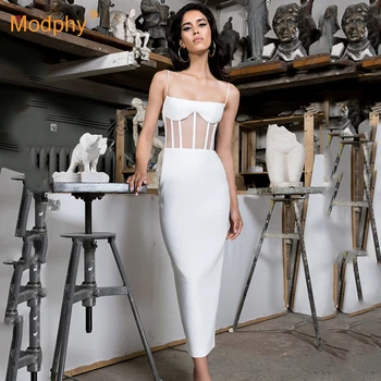 Balts Acu Raibs Pārsējs Sexy Kleita Bez Piedurknēm Bodycon Midi Kleitu 2020. Gada Vasaras Modes Jauns Vakara Puse Skrejceļa Vestidos